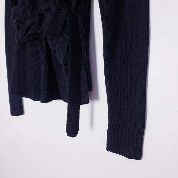 Sonia Rykiel Black Ribbed Wool Blend Knit Floral Ruffled Wrap Cardigan Sweater - Picture 6 of 13